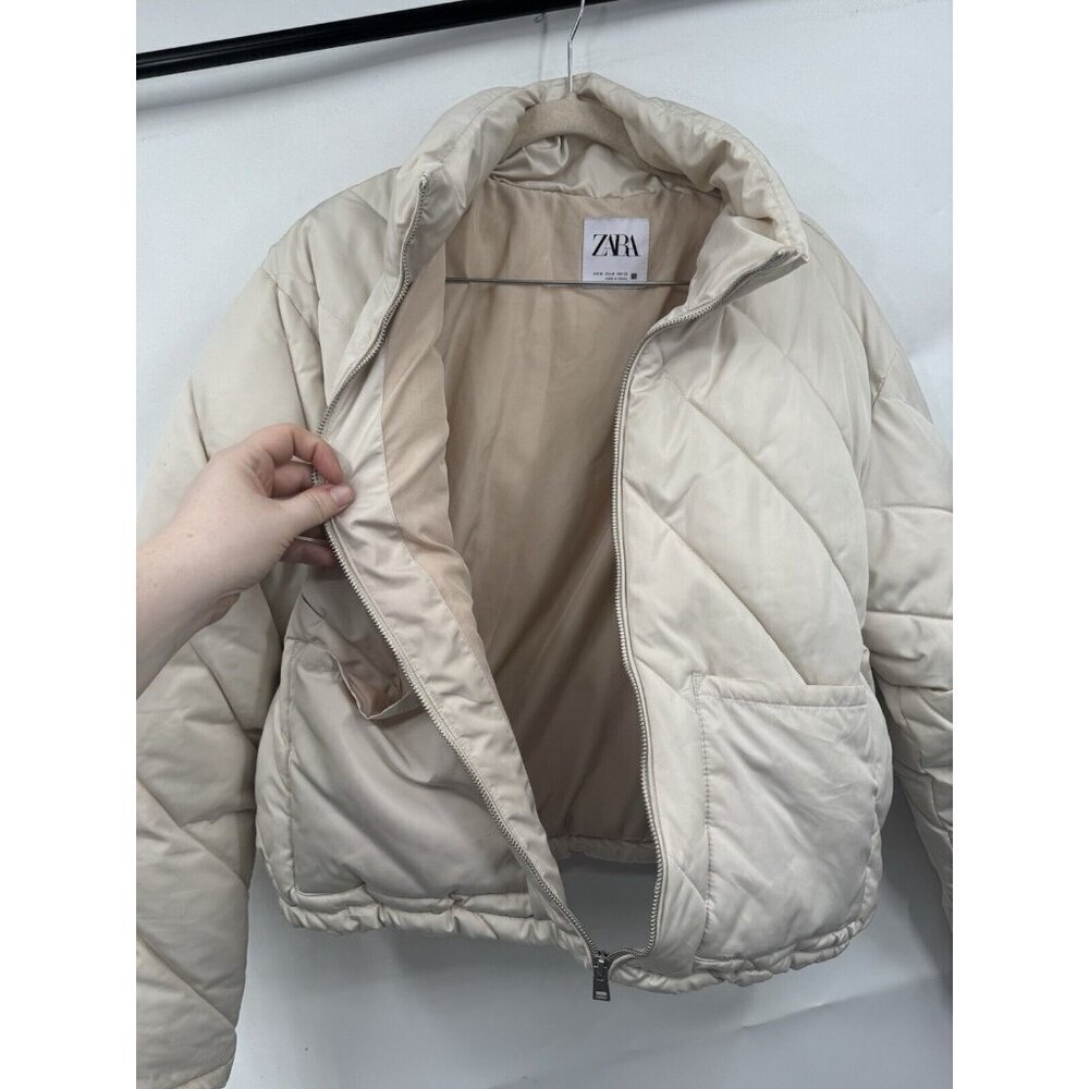 Zara Puffer Jacket Women Medium Beige Cropped Preppy Minimalist Full Zip - Picture 9 of 13